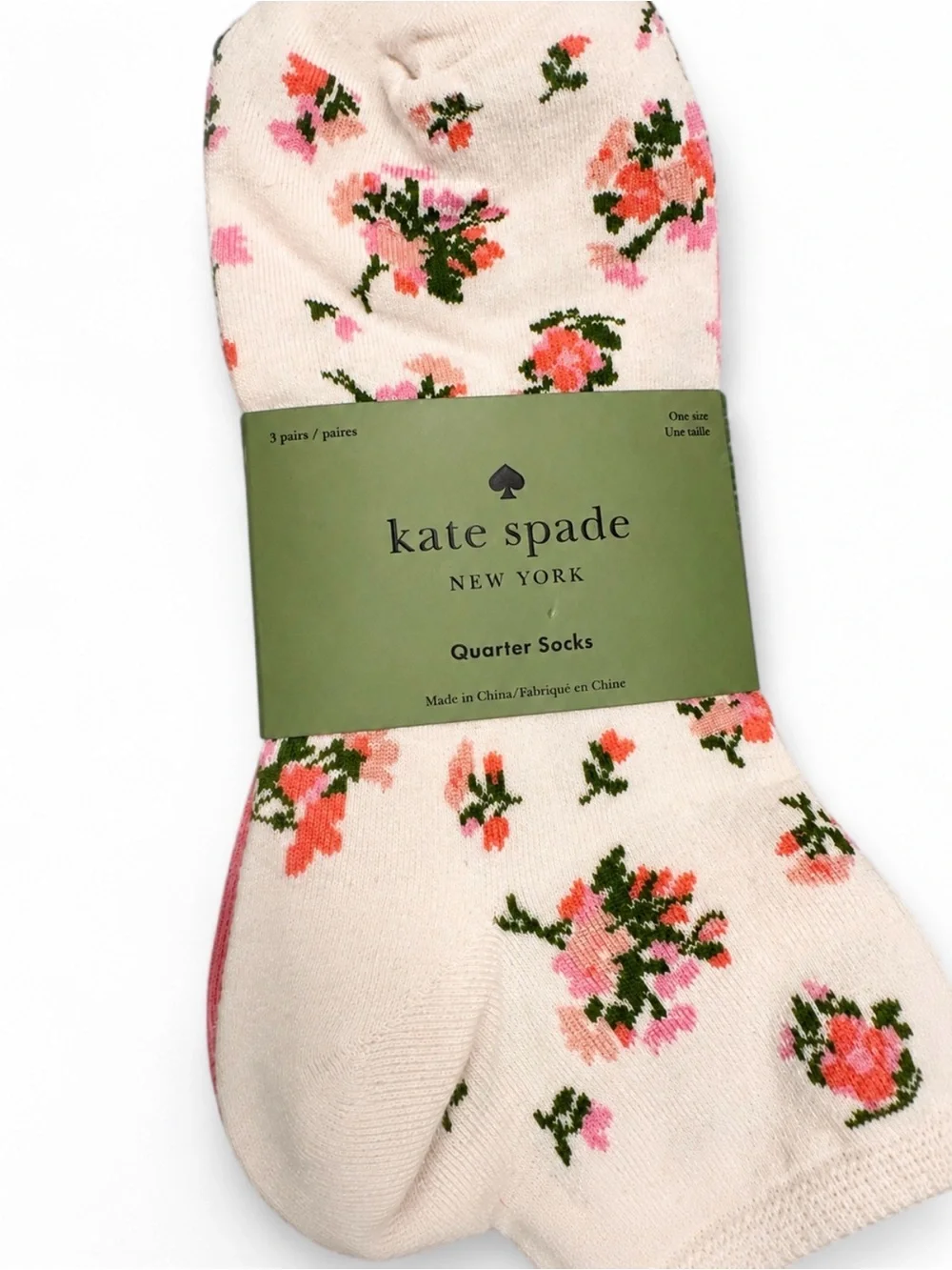 Kate Spade New York 3-Pair Quarter Socks Floral Pink Red Cream NWT